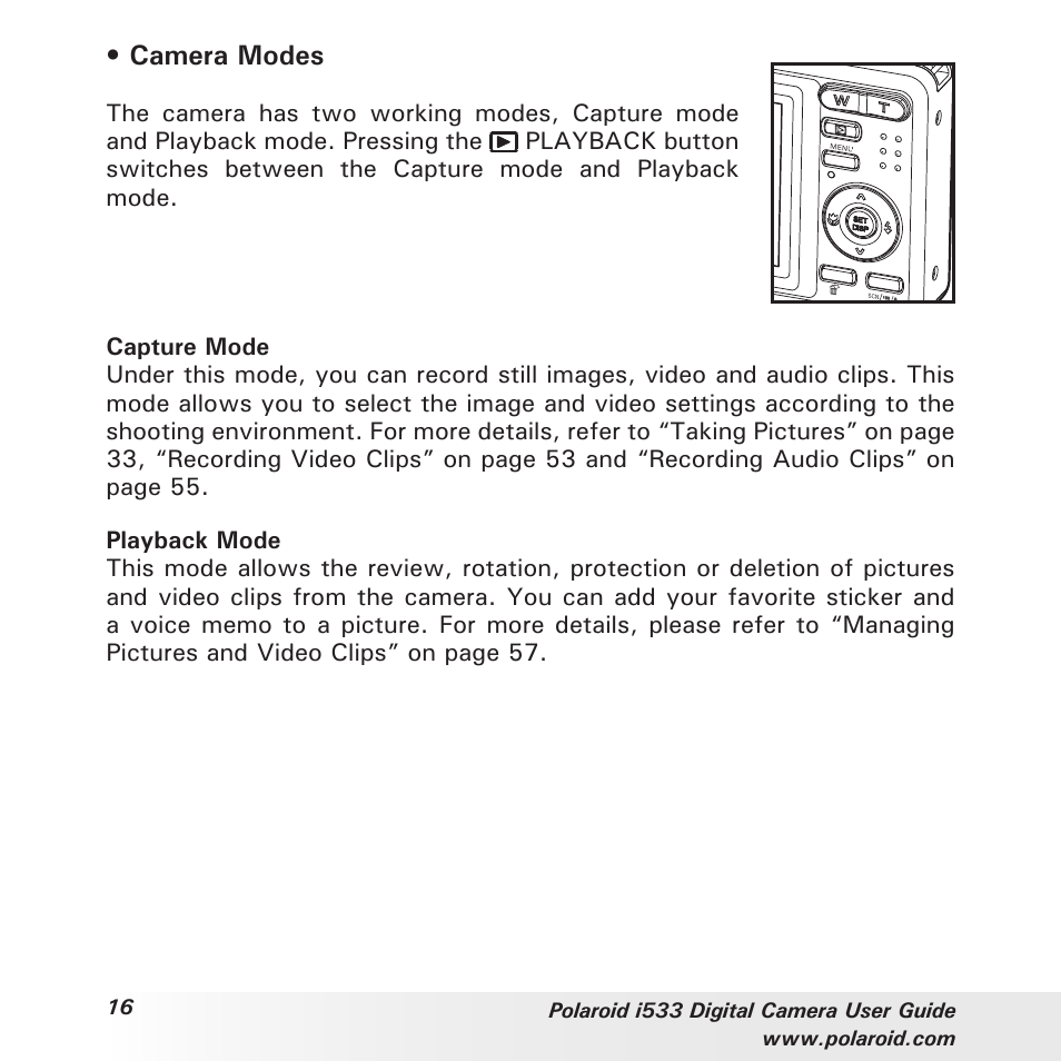 Camera modes | Polaroid I533 User Manual | Page 16 / 105