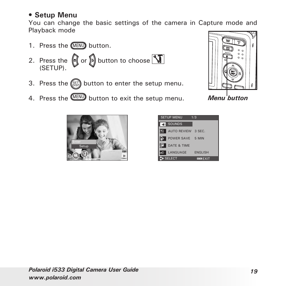 Setup menu | Polaroid I533 User Manual | Page 19 / 105