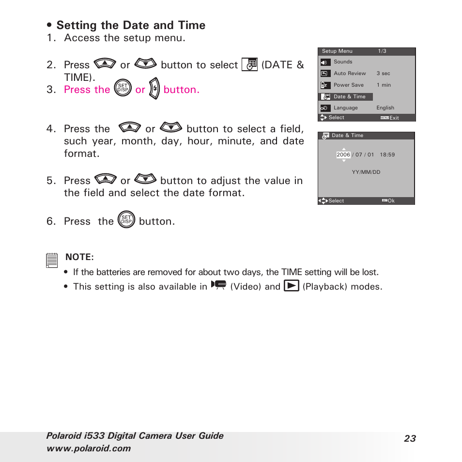 Setting the date and time, Access the setup menu | Polaroid I533 User Manual | Page 23 / 105