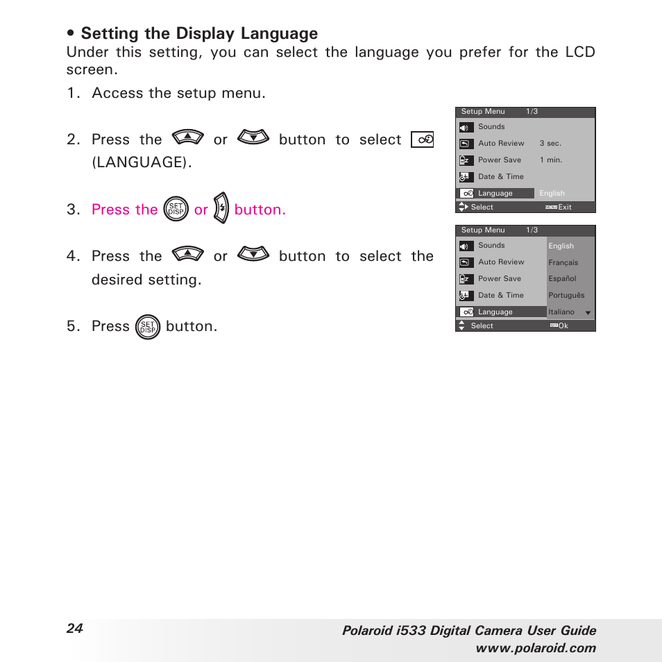 Setting the display language | Polaroid I533 User Manual | Page 24 / 105