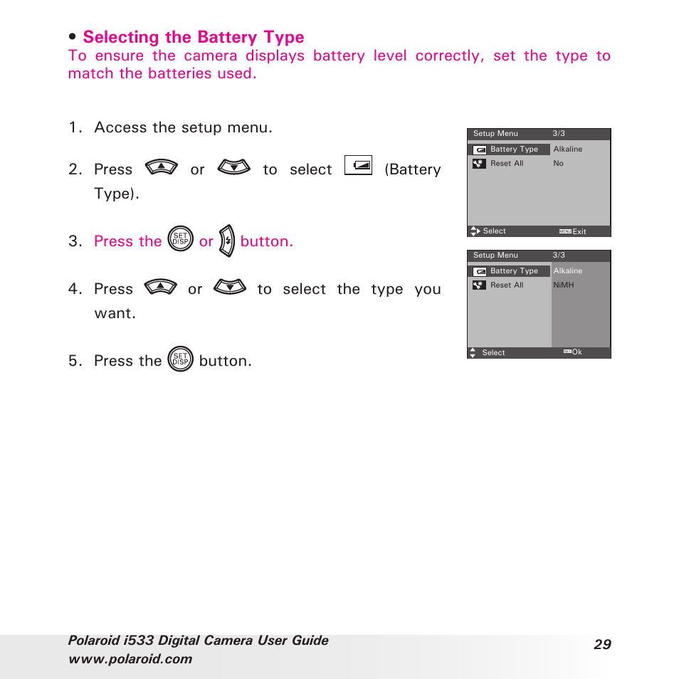 Selecting the battery type | Polaroid I533 User Manual | Page 29 / 105