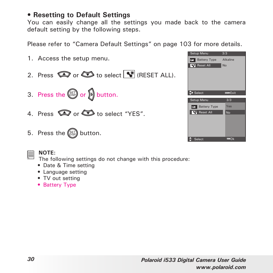 Resetting to default settings | Polaroid I533 User Manual | Page 30 / 105