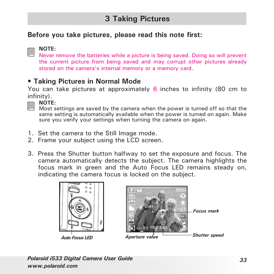 3 taking pictures, Taking pictures in normal mode | Polaroid I533 User Manual | Page 33 / 105