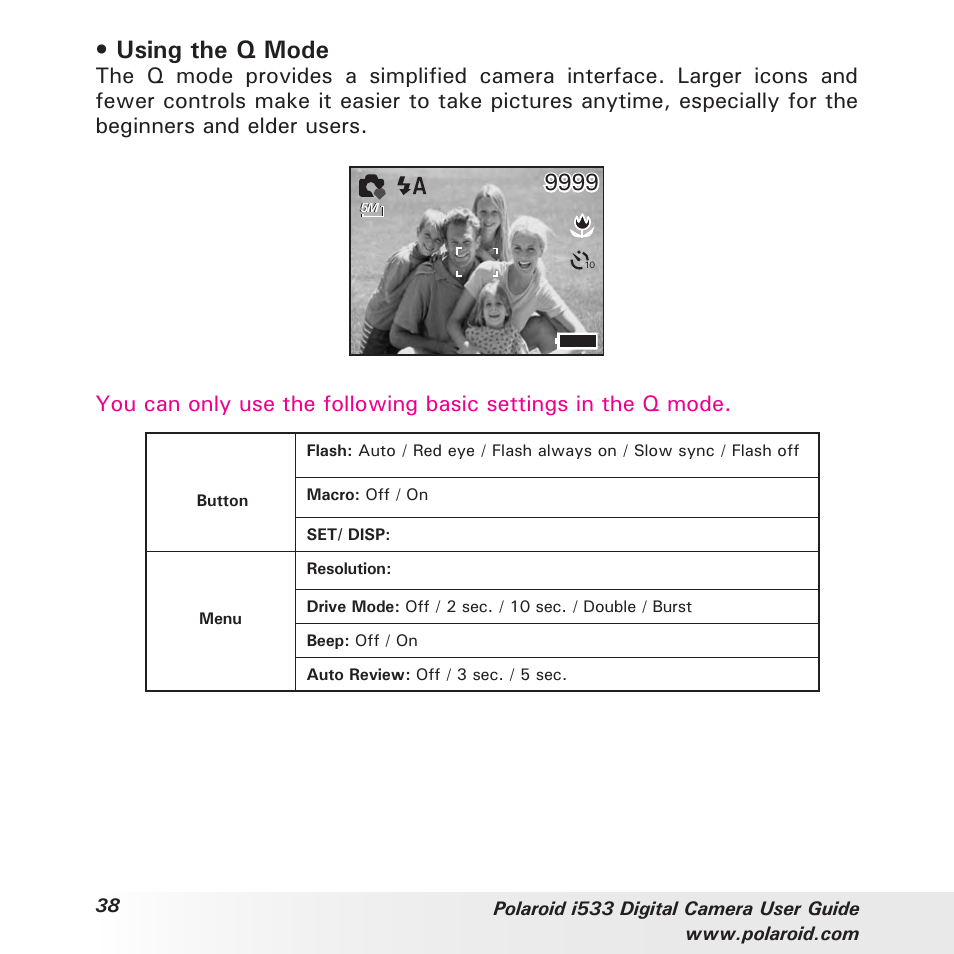 Using the q mode | Polaroid I533 User Manual | Page 38 / 105