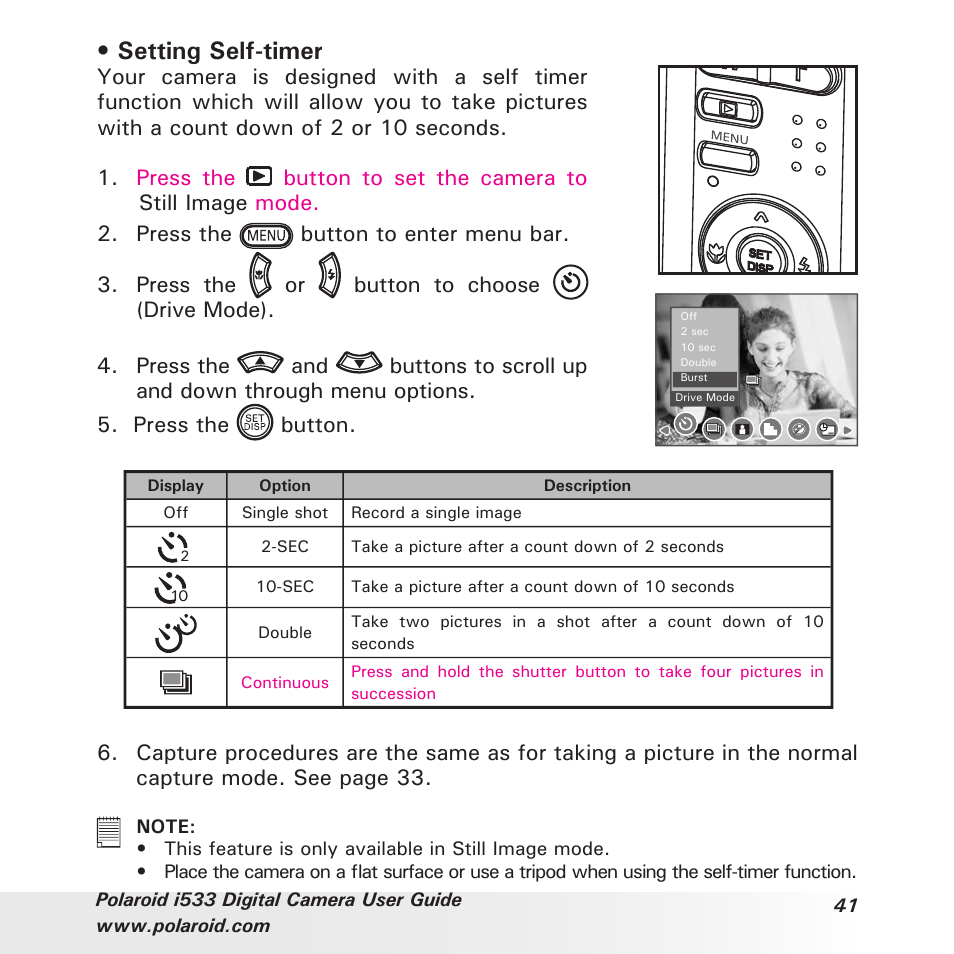 Setting self-timer | Polaroid I533 User Manual | Page 41 / 105