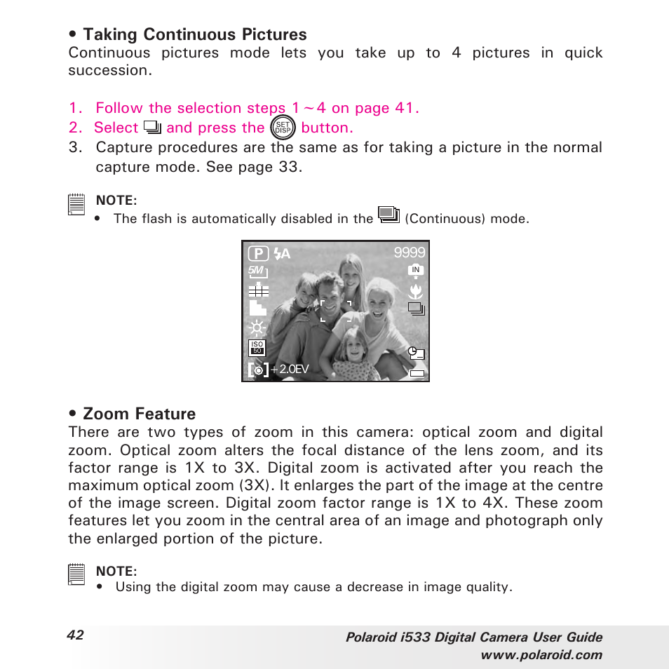 Taking continuous pictures, Zoom feature | Polaroid I533 User Manual | Page 42 / 105