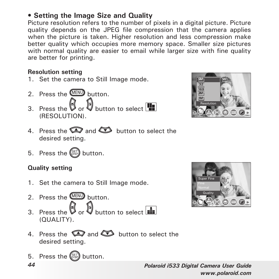 Setting the image size and quality | Polaroid I533 User Manual | Page 44 / 105