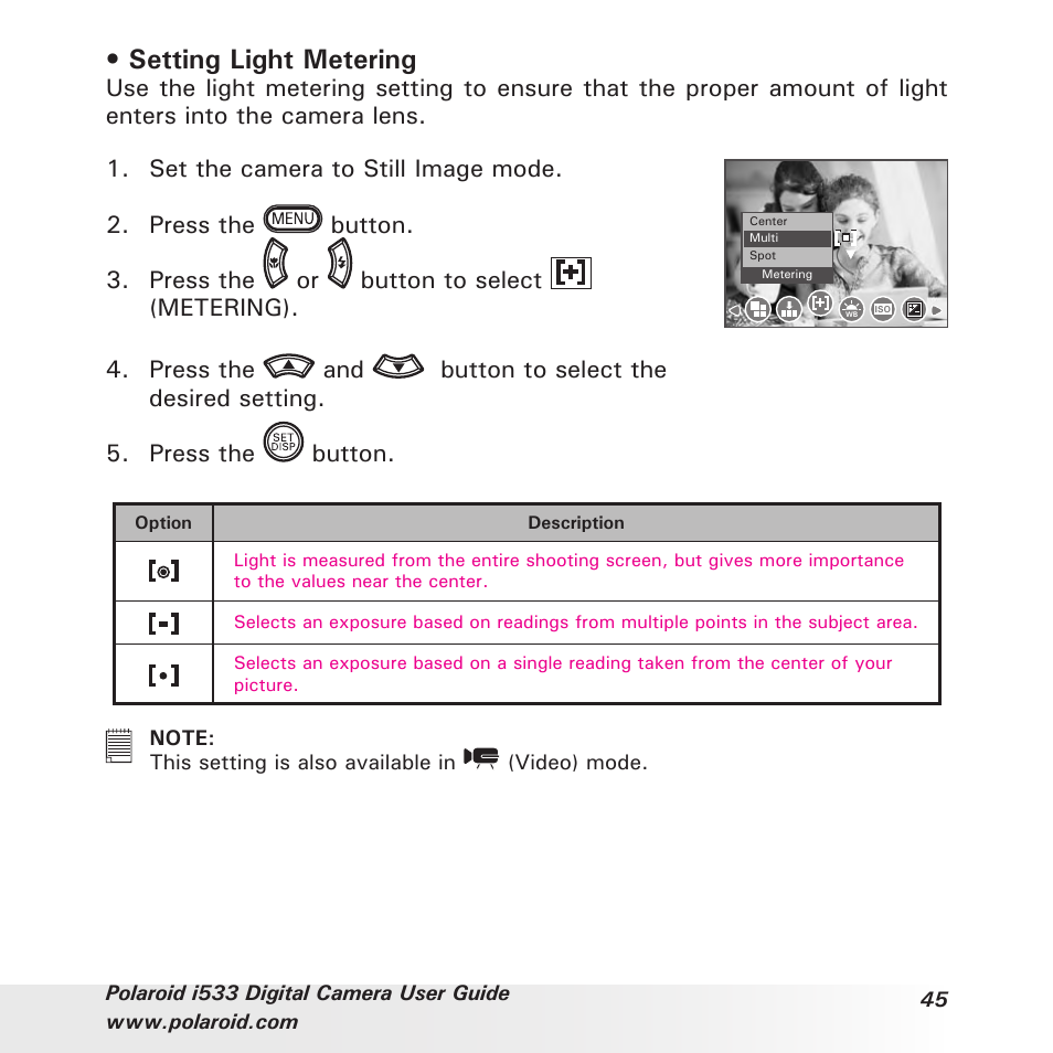 Setting light metering | Polaroid I533 User Manual | Page 45 / 105