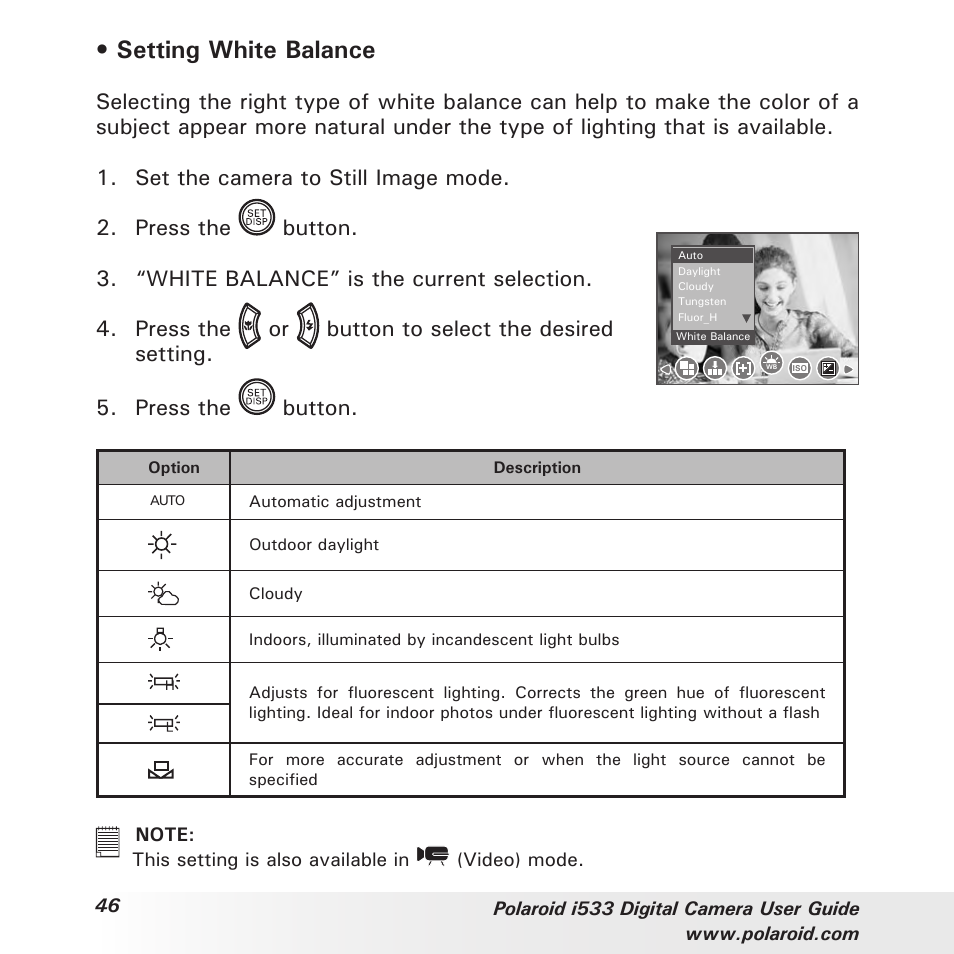 Setting white balance | Polaroid I533 User Manual | Page 46 / 105