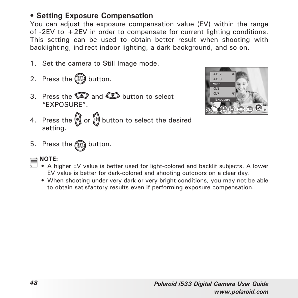 Setting exposure compensation | Polaroid I533 User Manual | Page 48 / 105