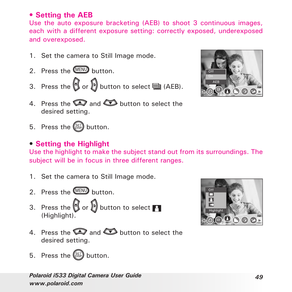 Setting the aeb, Setting the highlight | Polaroid I533 User Manual | Page 49 / 105