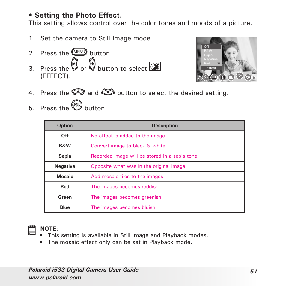 Setting the photo effect | Polaroid I533 User Manual | Page 51 / 105