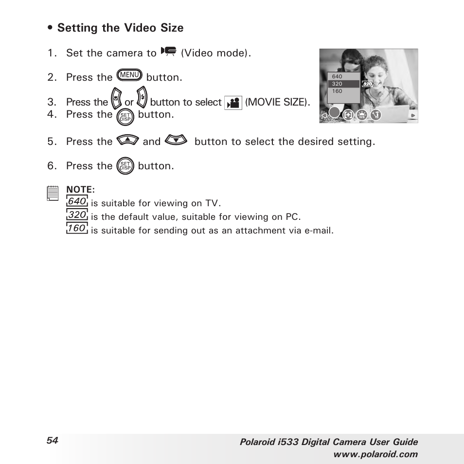 Setting the video size | Polaroid I533 User Manual | Page 54 / 105