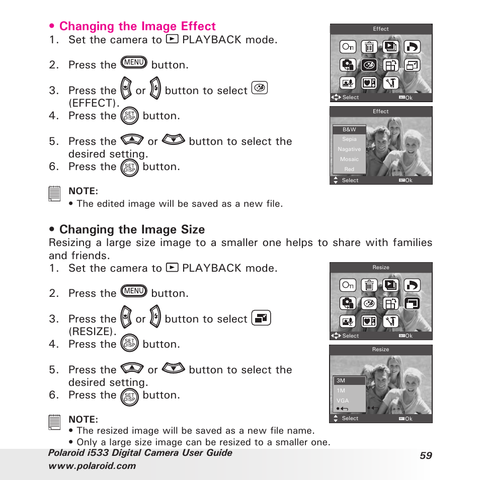 Changing the image effect, Changing the image size | Polaroid I533 User Manual | Page 59 / 105