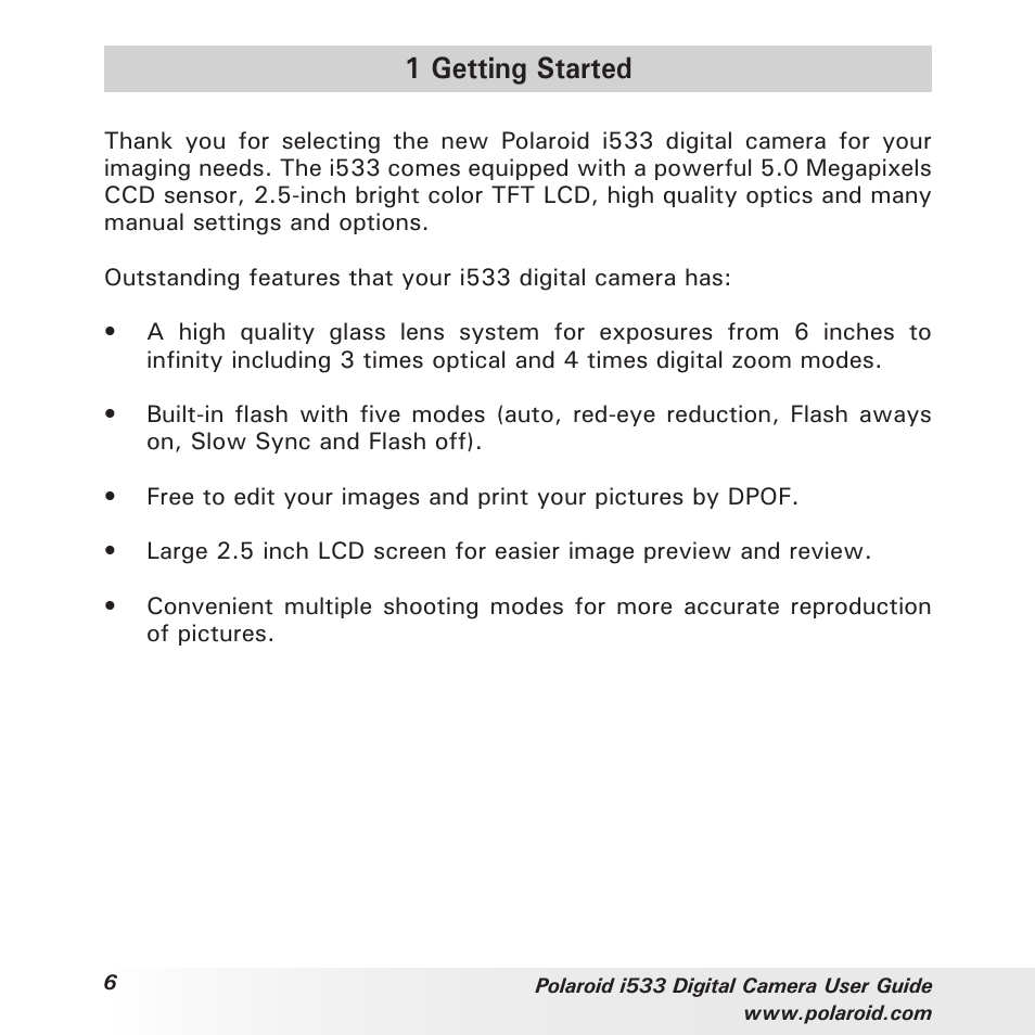 1 getting started | Polaroid I533 User Manual | Page 6 / 105