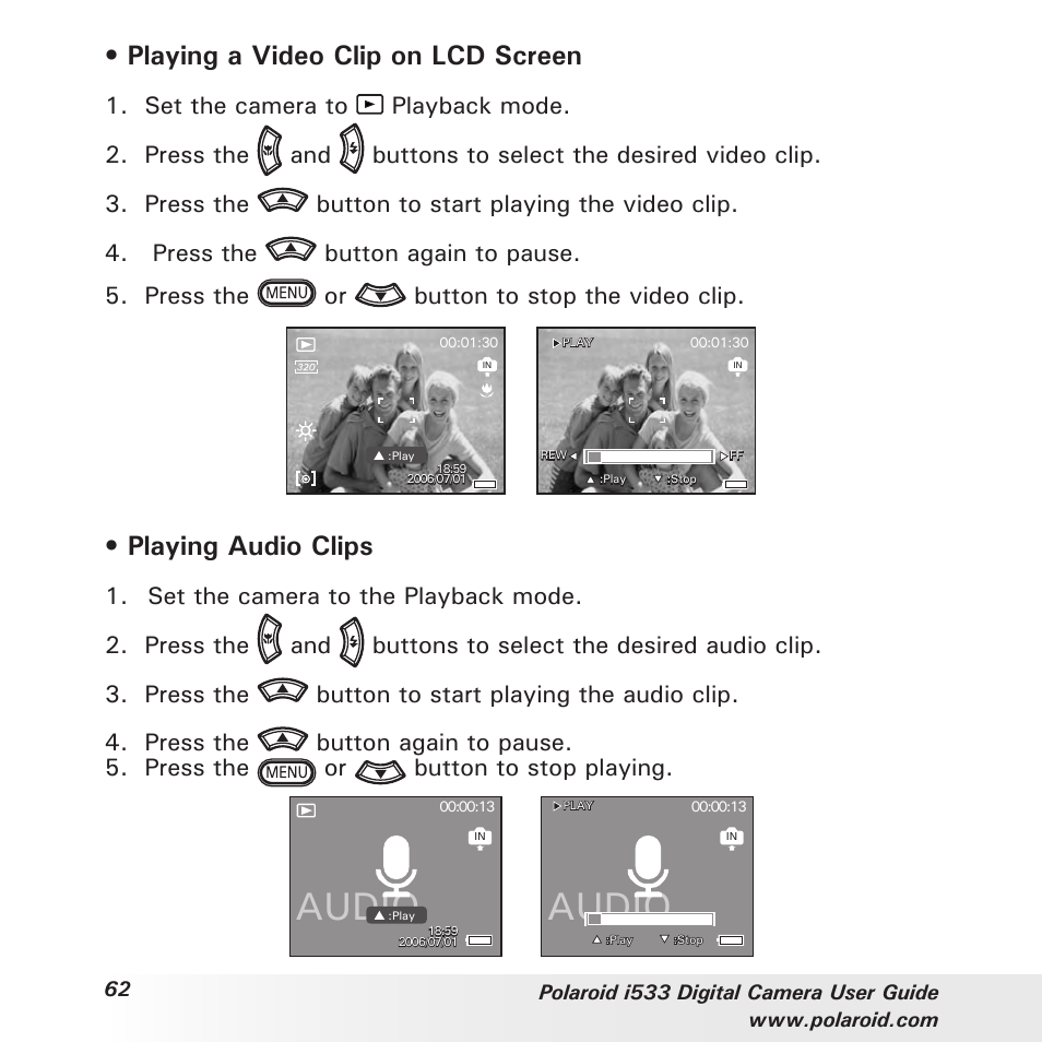 Audio, Playing a video clip on lcd screen, Playing audio clips | Polaroid I533 User Manual | Page 62 / 105