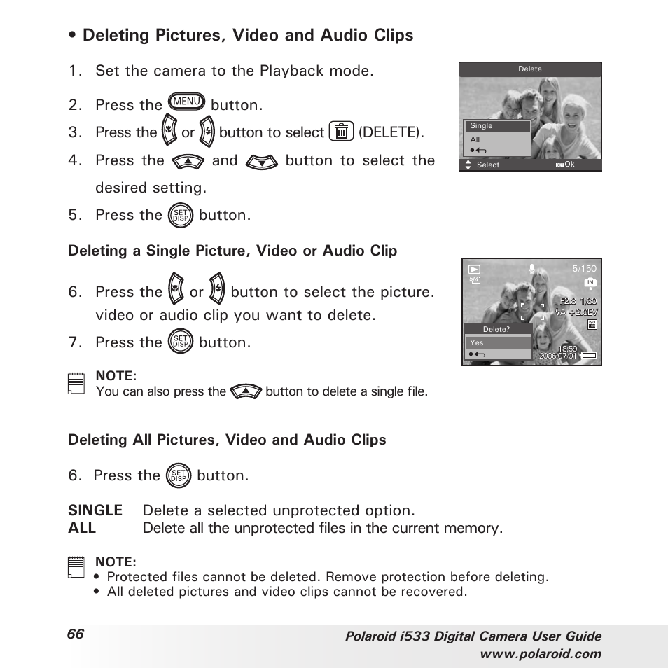 Deleting pictures, video and audio clips, Set the camera to the playback mode | Polaroid I533 User Manual | Page 66 / 105