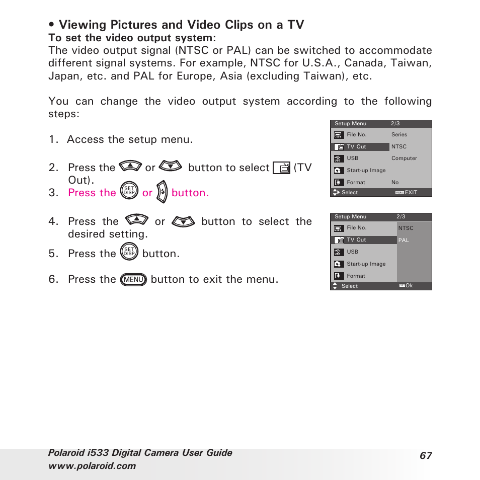 Viewing pictures and video clips on a tv, Press the button to exit the menu | Polaroid I533 User Manual | Page 67 / 105