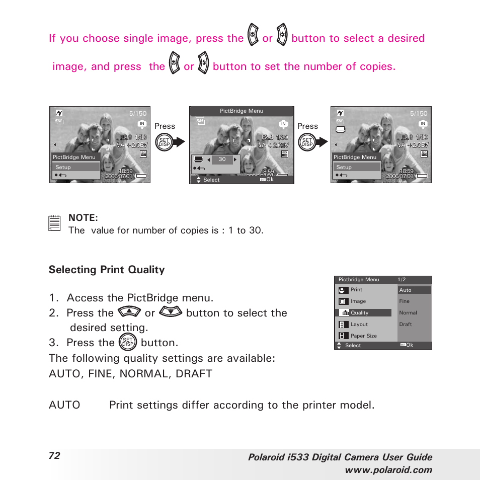 Selecting print quality | Polaroid I533 User Manual | Page 72 / 105