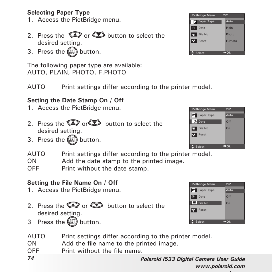 Selecting paper type 1. access the pictbridge menu | Polaroid I533 User Manual | Page 74 / 105
