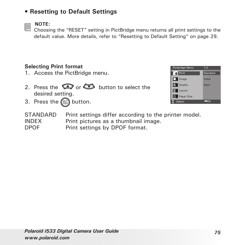 Resetting to default settings | Polaroid I533 User Manual | Page 75 / 105