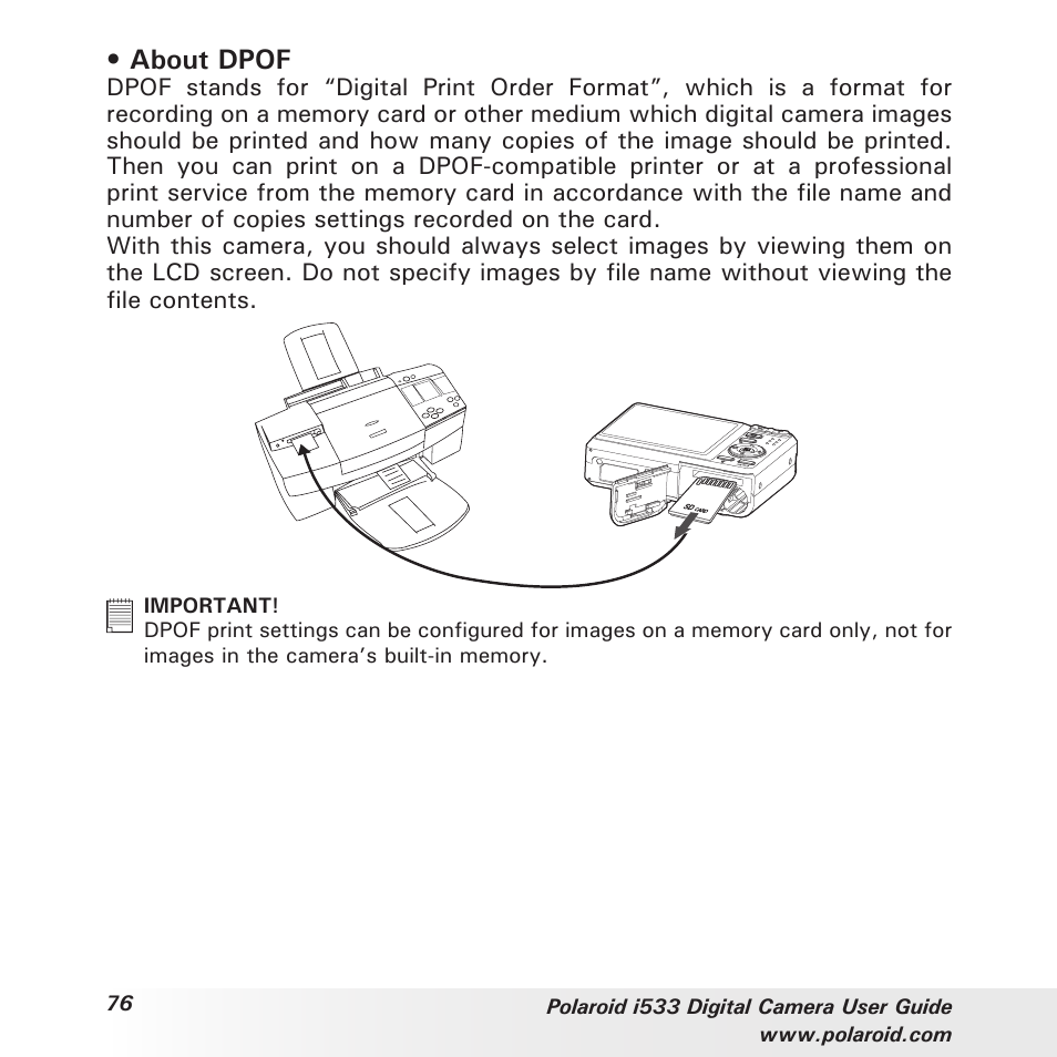 About dpof | Polaroid I533 User Manual | Page 76 / 105