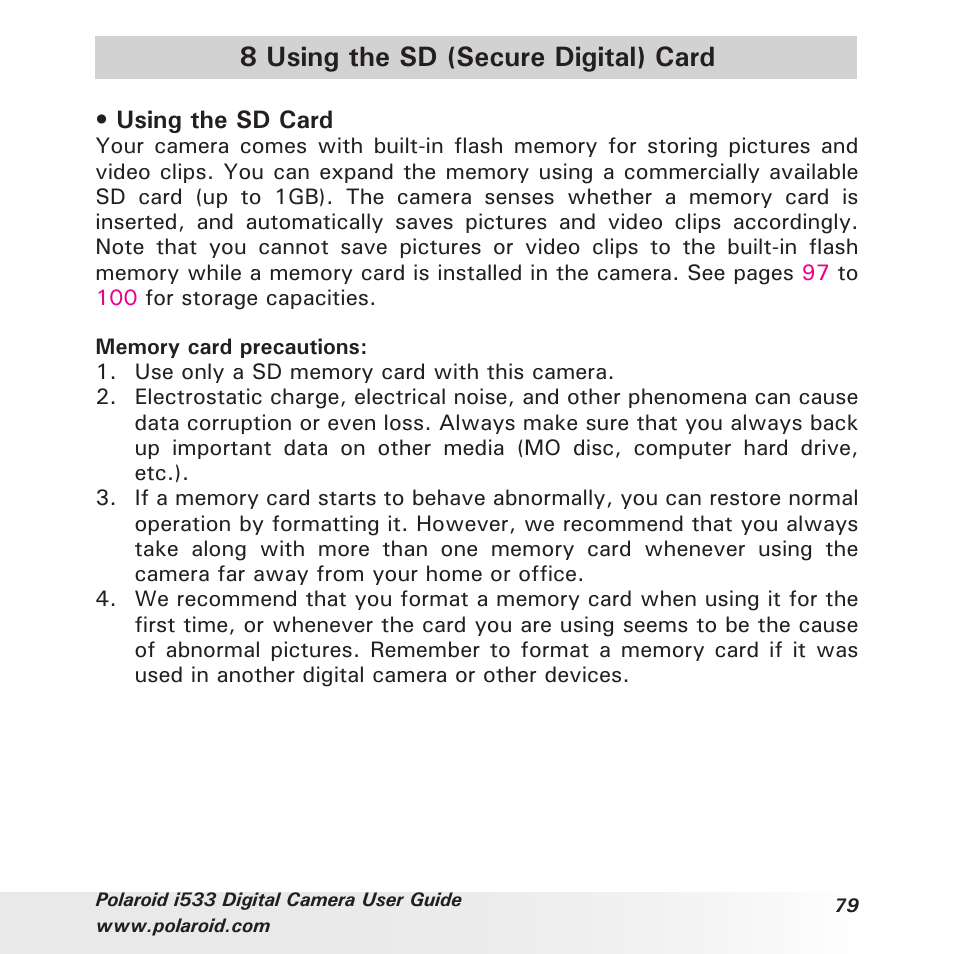 8 using the sd (secure digital) card | Polaroid I533 User Manual | Page 79 / 105