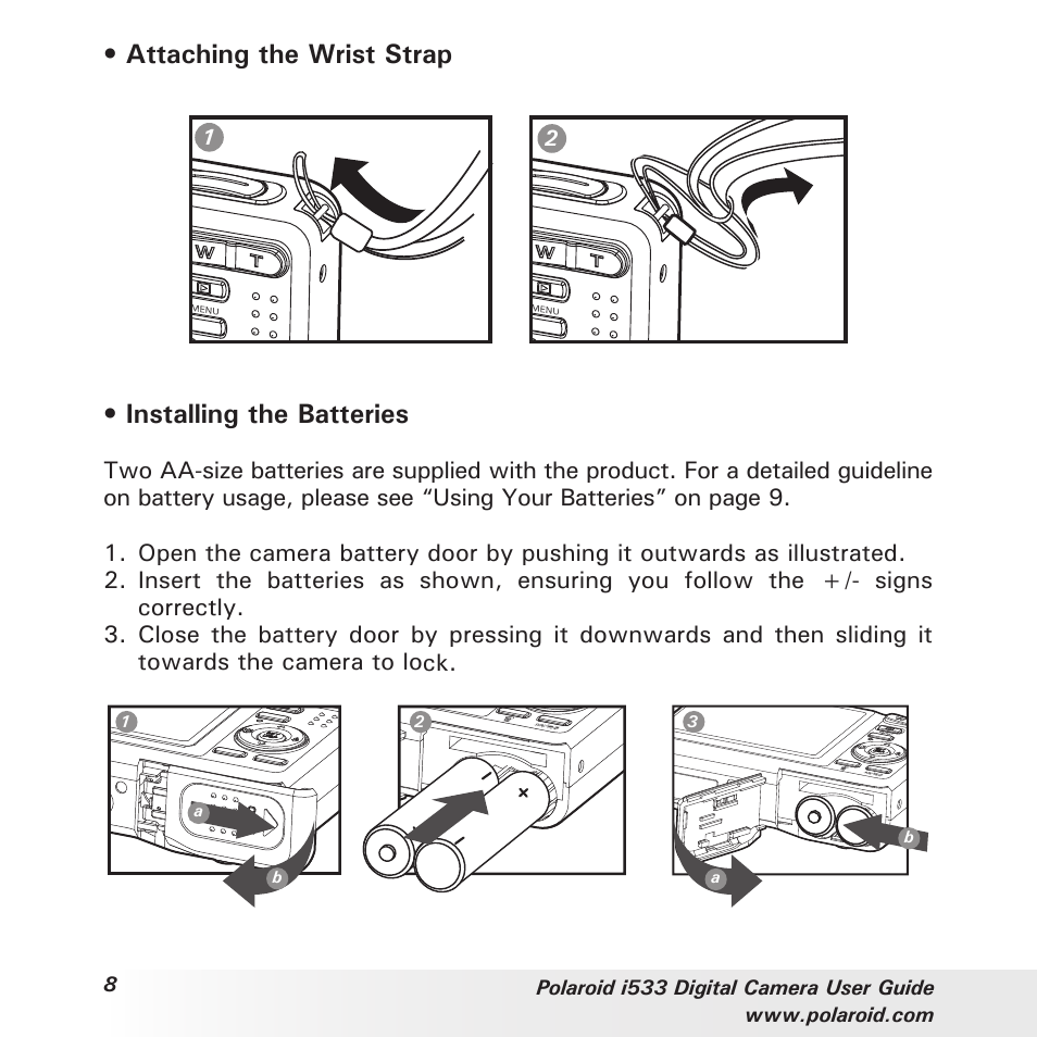 Attaching the wrist strap, Installing the batteries | Polaroid I533 User Manual | Page 8 / 105