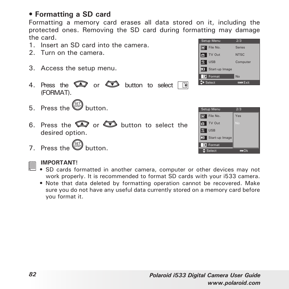 Formatting a sd card | Polaroid I533 User Manual | Page 82 / 105