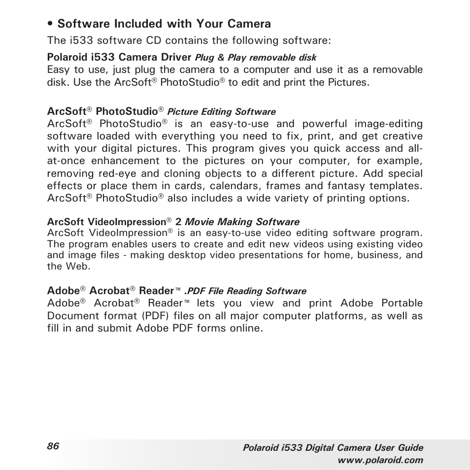 Software included with your camera | Polaroid I533 User Manual | Page 86 / 105