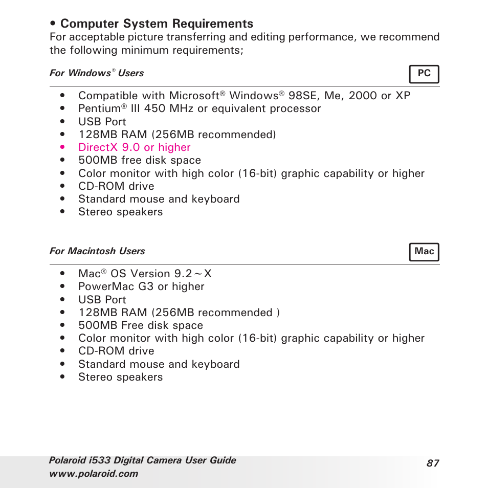 Computer system requirements | Polaroid I533 User Manual | Page 87 / 105