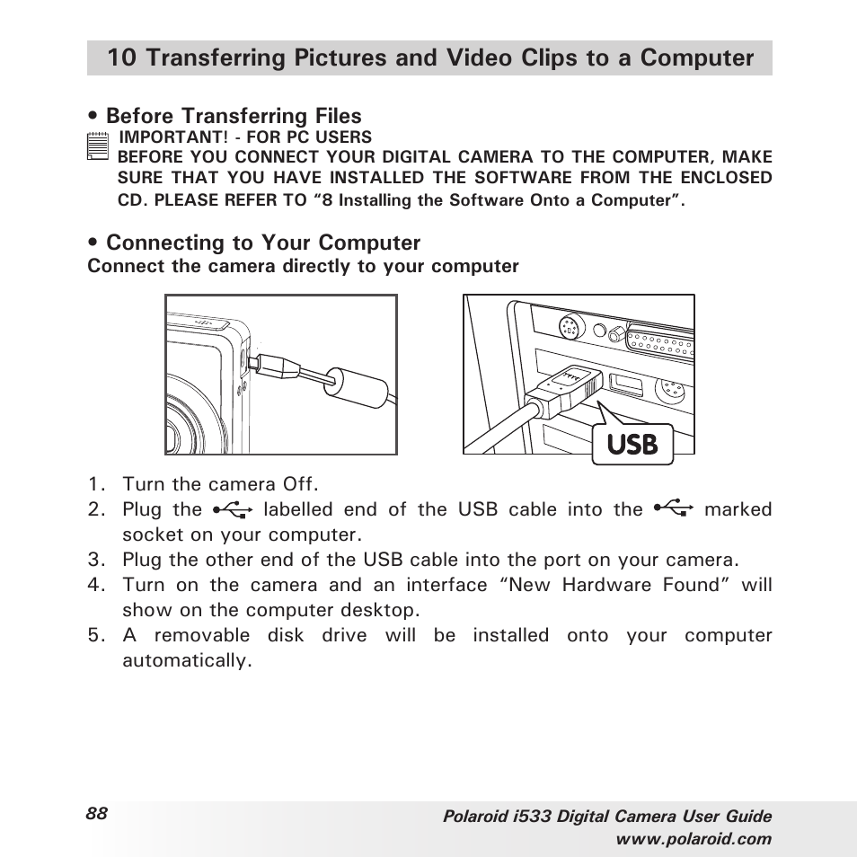 Before transferring files, Connecting to your computer | Polaroid I533 User Manual | Page 88 / 105