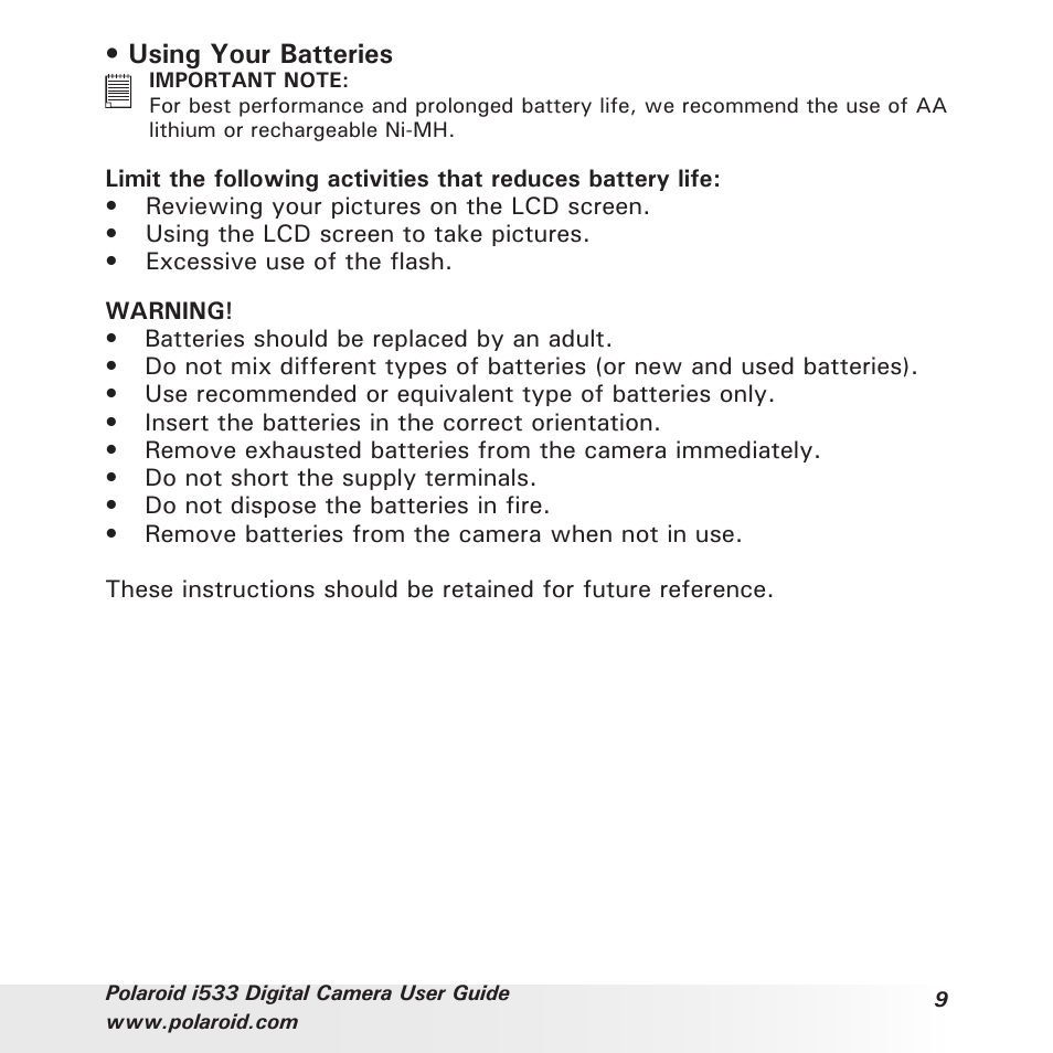 Using your batteries | Polaroid I533 User Manual | Page 9 / 105