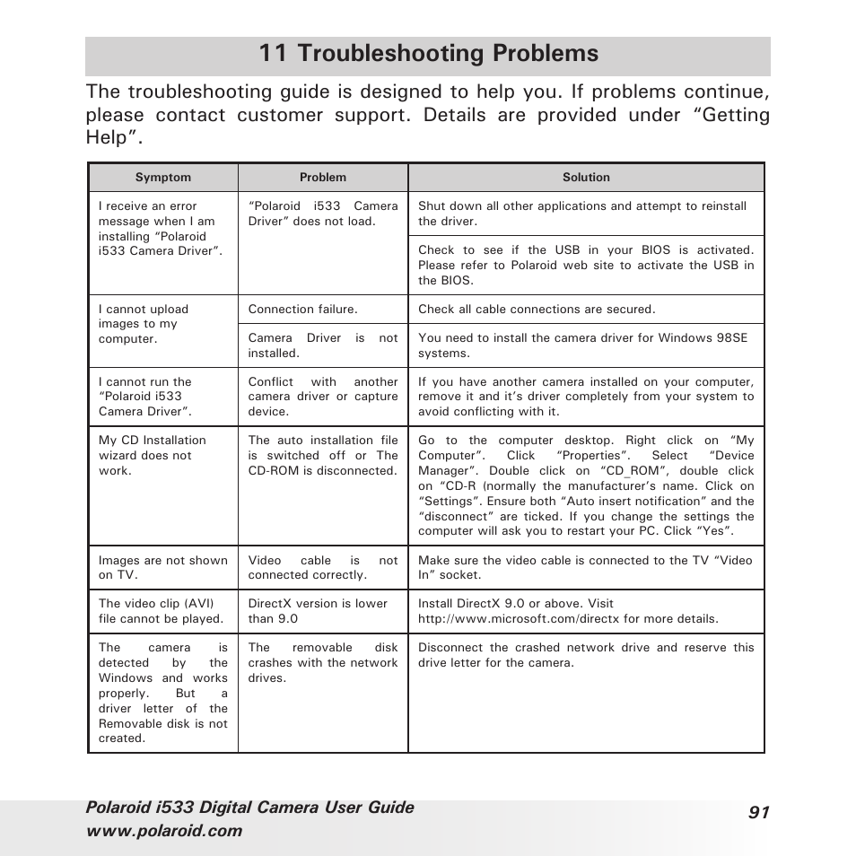 11 troubleshooting problems | Polaroid I533 User Manual | Page 91 / 105