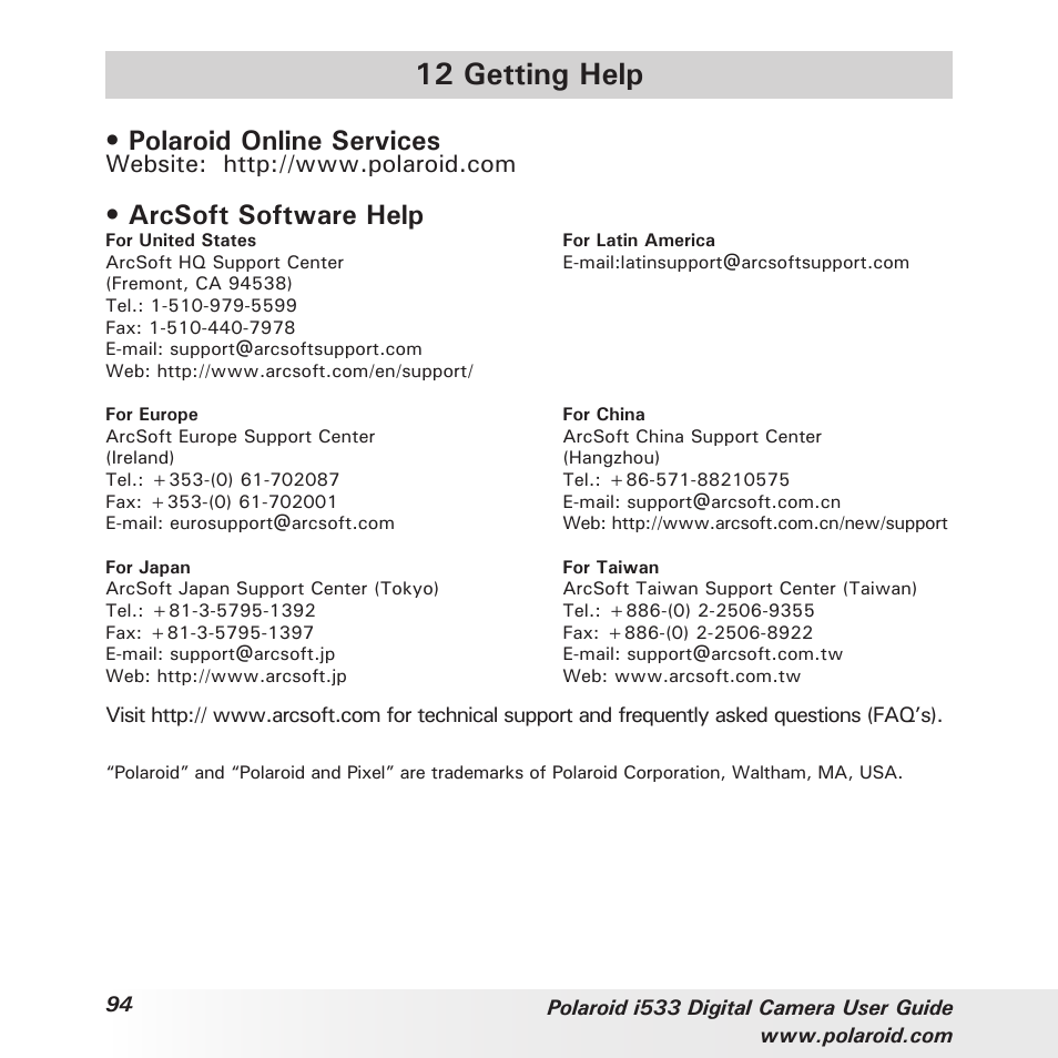 12 getting help, Polaroid online services, Arcsoft software help | Polaroid I533 User Manual | Page 94 / 105