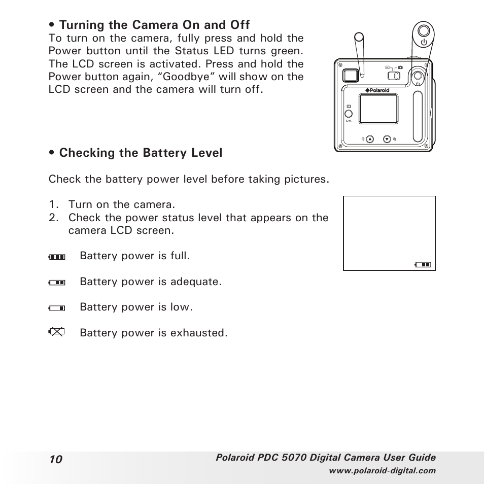 Turning the camera on and off, Checking the battery level | Polaroid PDC 5070 User Manual | Page 10 / 83