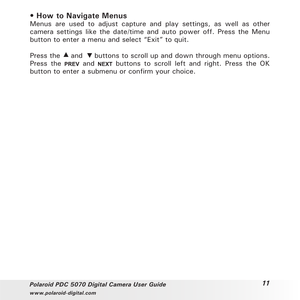 How to navigate menus | Polaroid PDC 5070 User Manual | Page 11 / 83