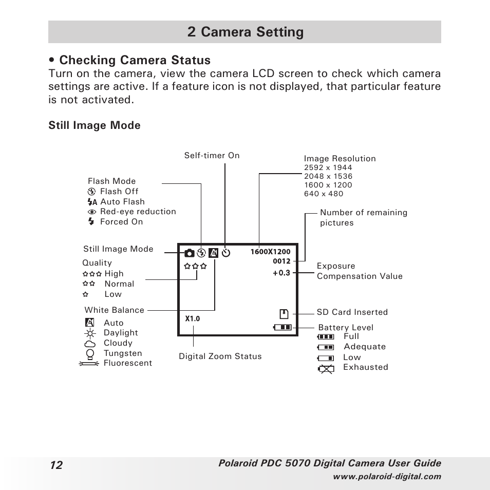 2 camera setting, Checking camera status | Polaroid PDC 5070 User Manual | Page 12 / 83