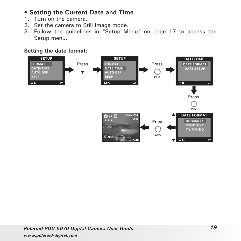 Setting the current date and time | Polaroid PDC 5070 User Manual | Page 19 / 83