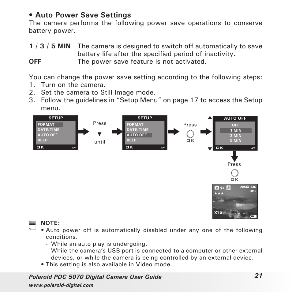 Auto power save settings | Polaroid PDC 5070 User Manual | Page 21 / 83
