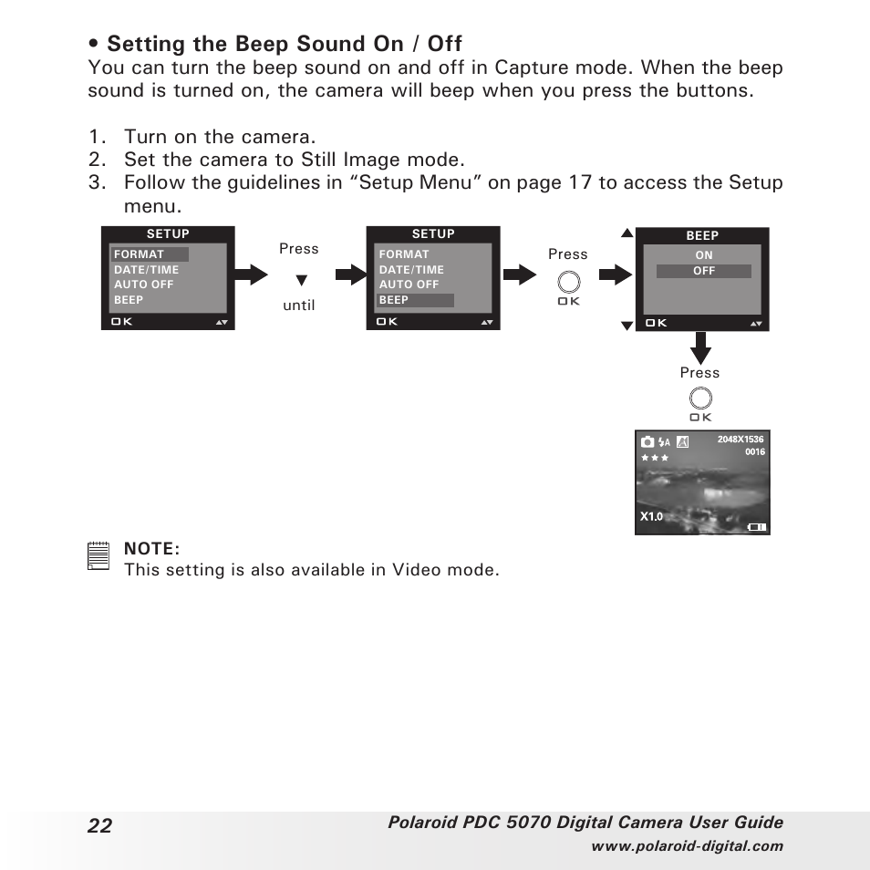 Setting the beep sound on / off | Polaroid PDC 5070 User Manual | Page 22 / 83