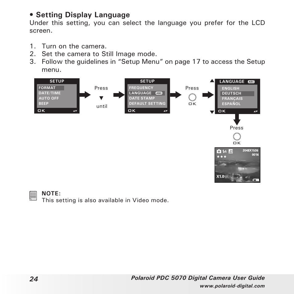 Setting display language | Polaroid PDC 5070 User Manual | Page 24 / 83