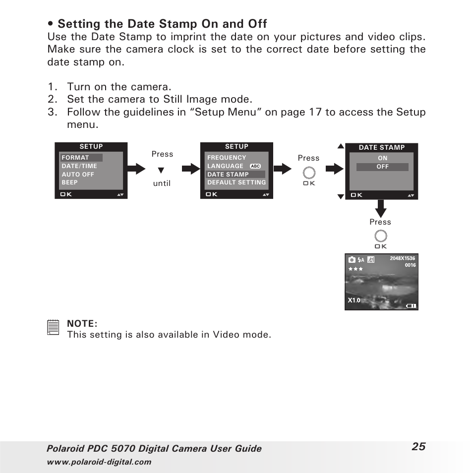 Setting the date stamp on and off | Polaroid PDC 5070 User Manual | Page 25 / 83