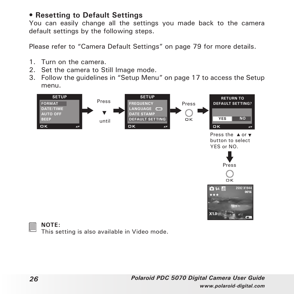 Resetting to default settings | Polaroid PDC 5070 User Manual | Page 26 / 83
