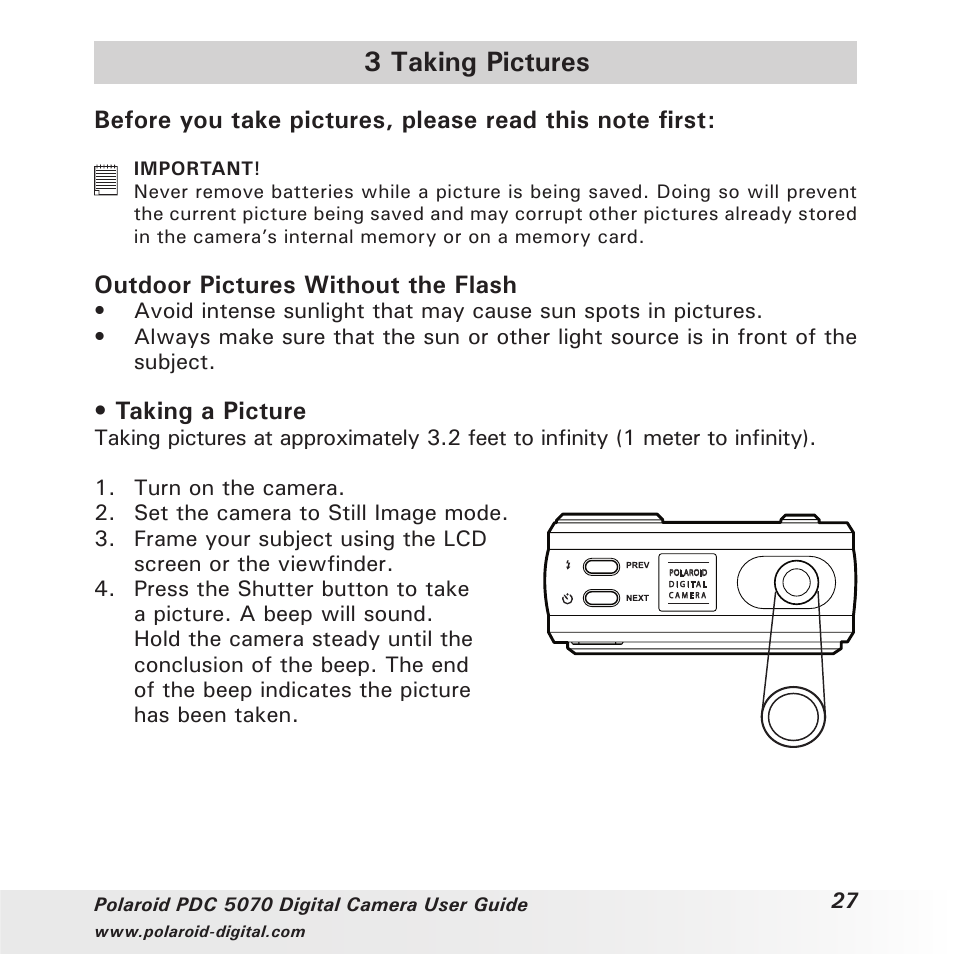 3 taking pictures, Outdoor pictures without the flash, Taking a picture | Polaroid PDC 5070 User Manual | Page 27 / 83