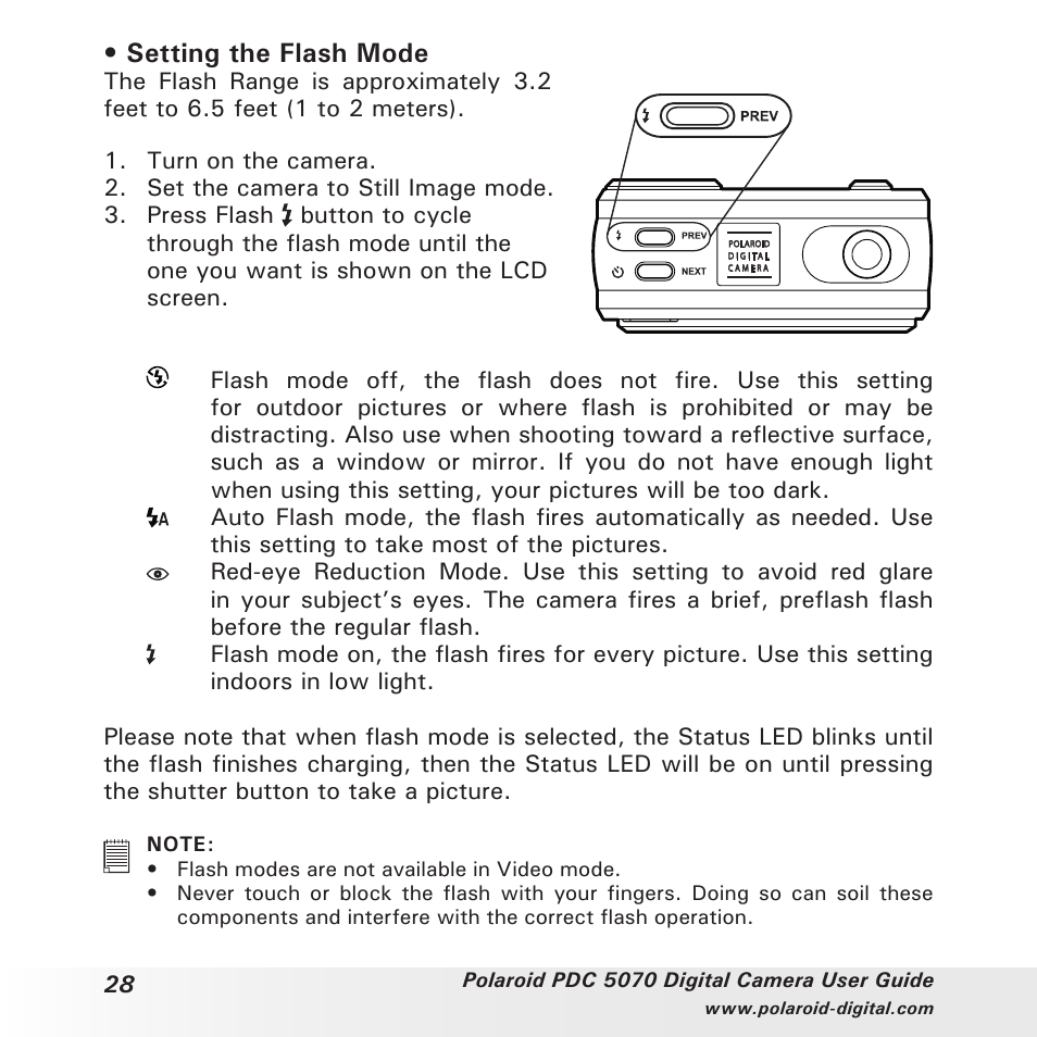 Setting the flash mode | Polaroid PDC 5070 User Manual | Page 28 / 83