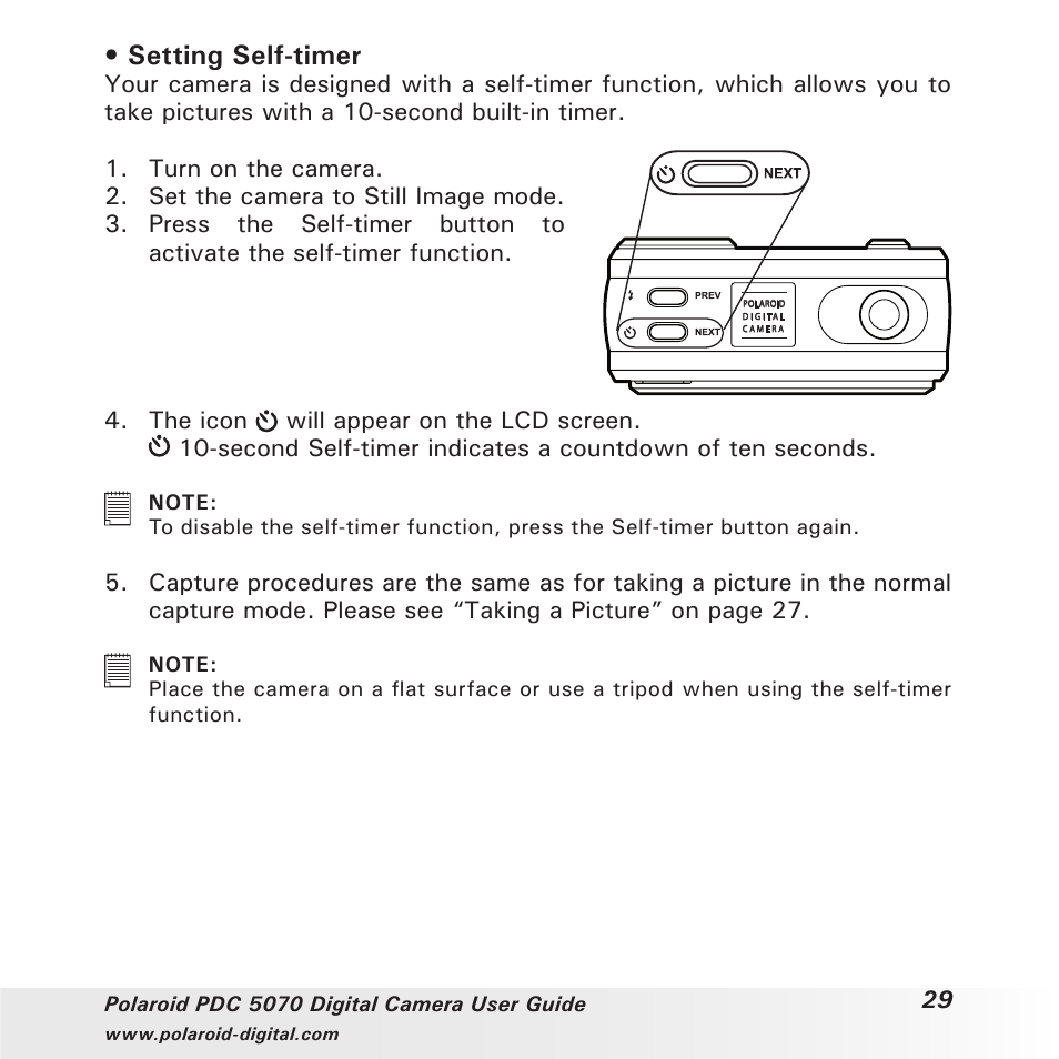 Setting self-timer | Polaroid PDC 5070 User Manual | Page 29 / 83