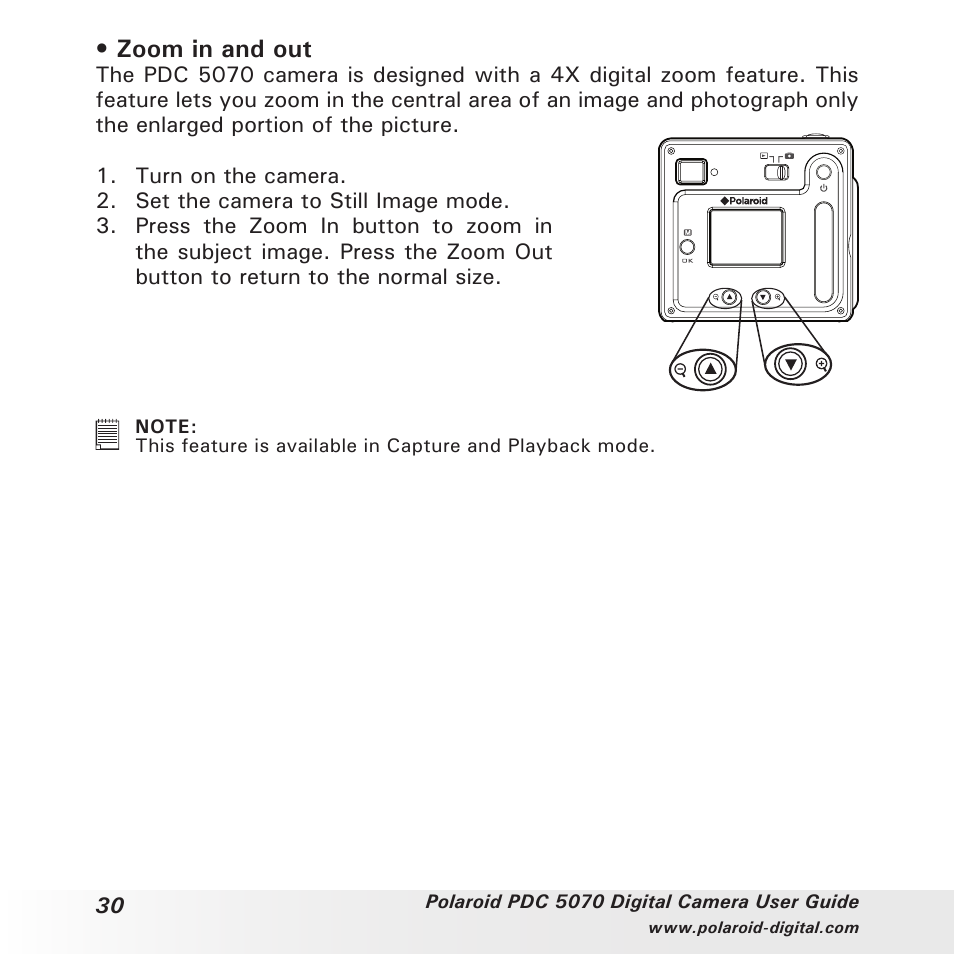 Zoom in and out | Polaroid PDC 5070 User Manual | Page 30 / 83