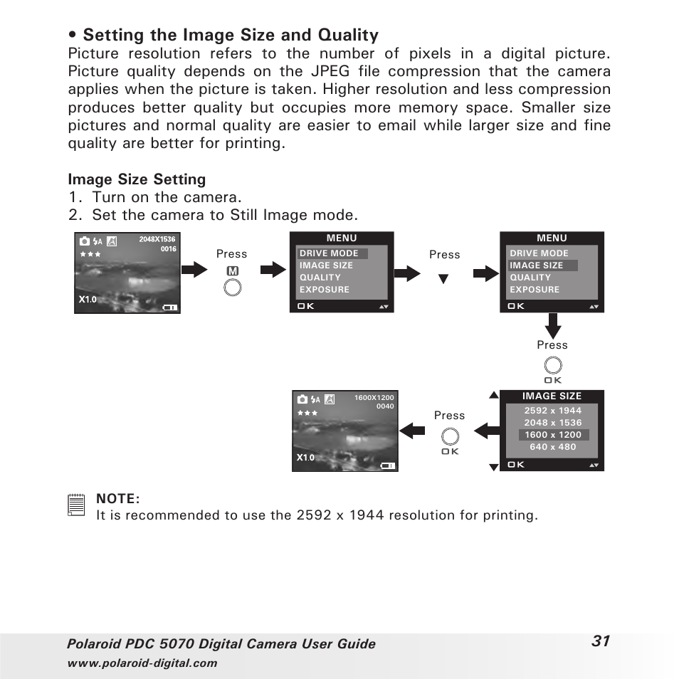 Setting the image size and quality | Polaroid PDC 5070 User Manual | Page 31 / 83