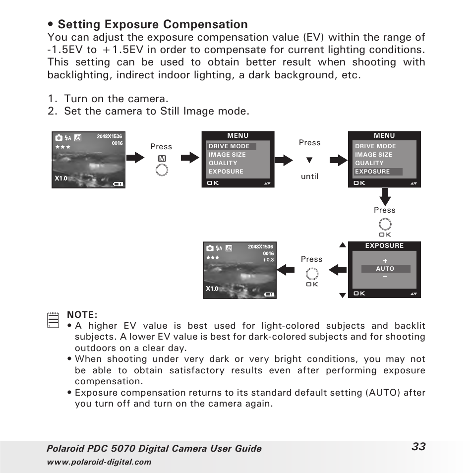 Setting exposure compensation | Polaroid PDC 5070 User Manual | Page 33 / 83